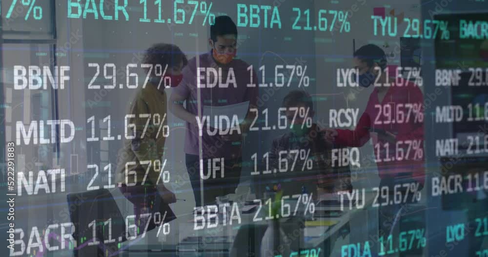 Poster animation of stock market data processing over diverse colleagues wearing face masks discussing
