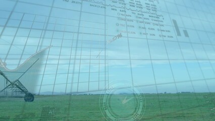 Animation of statistical and stock market data processing over landscape with green grassland - Powered by Adobe