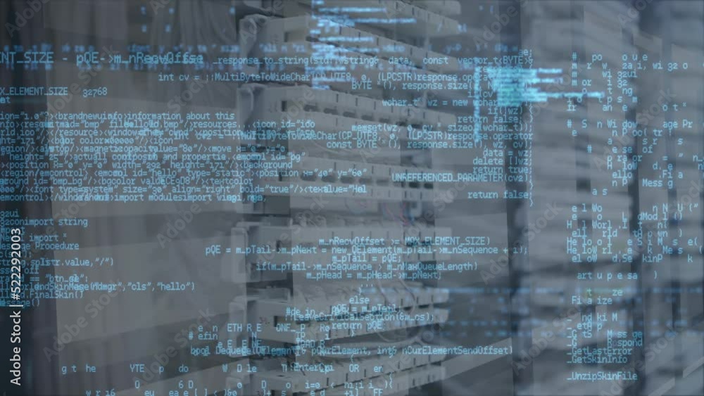 Poster Animation of data processing and light trails against close up of computer servers