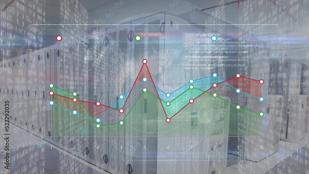Poster animation of statistical data processing over spinning globe against computer server room