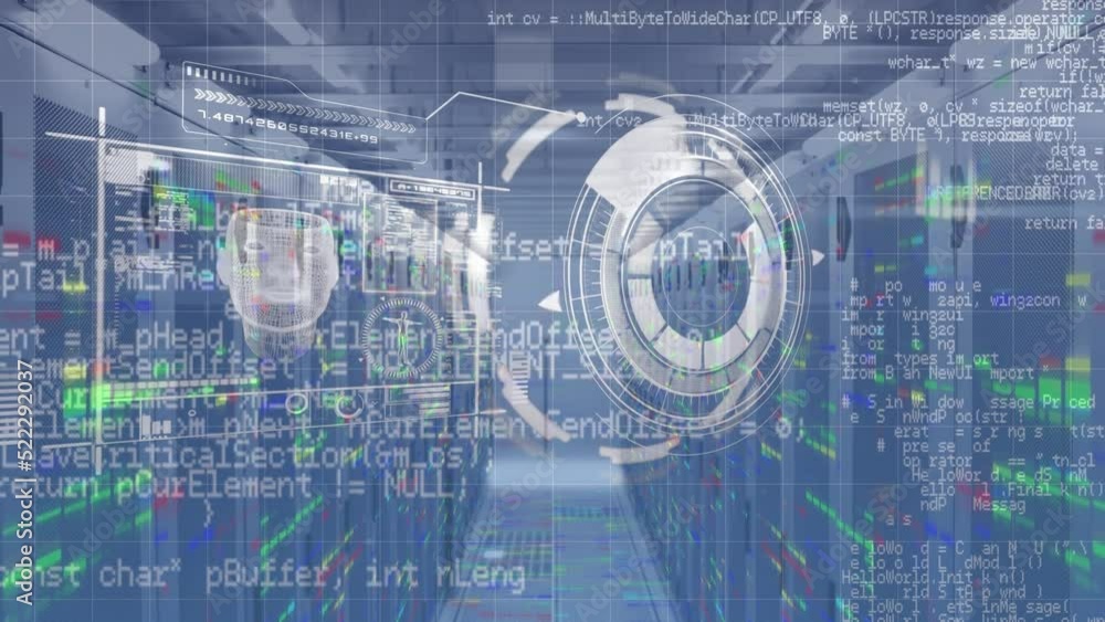 Poster animation of digital interface with data processing against computer server room