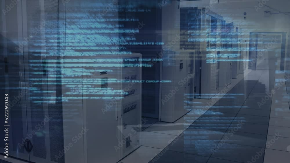 Poster animation of data processing against empty computer server room