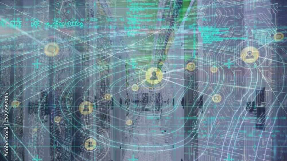 Poster animation of network of profile icons with data processing and topography against server room