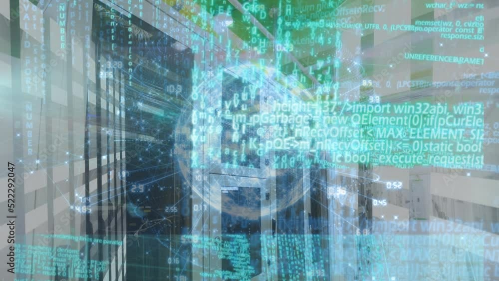 Poster animation of screens with data processing over spinning globe against computer server room