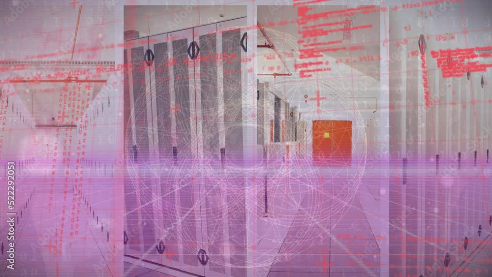 Poster animation of data processing over globe of network of connections against computer server room