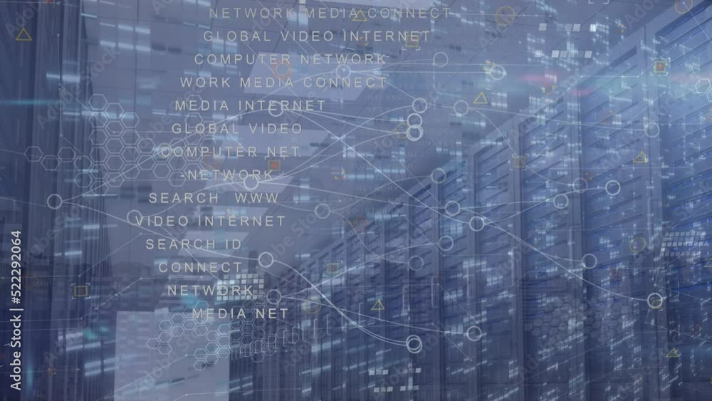 Poster animation of network of connections and data processing against computer server room