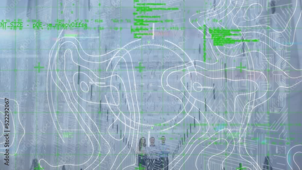 Poster animation of data processing and scope scanning over topography against computer server room