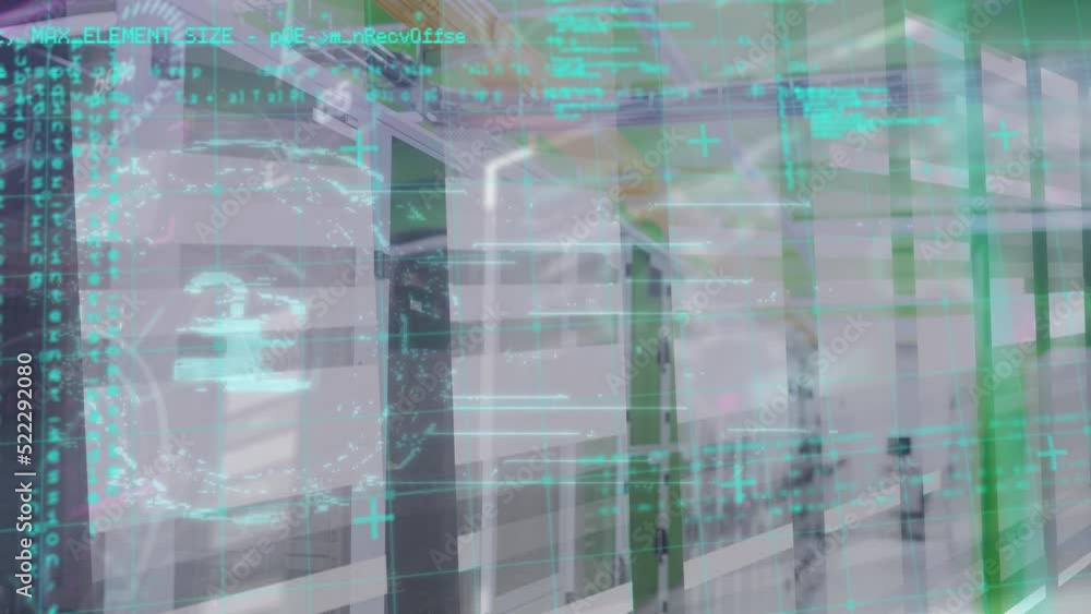 Poster animation of data processing and light trails over security padlock icon against server room