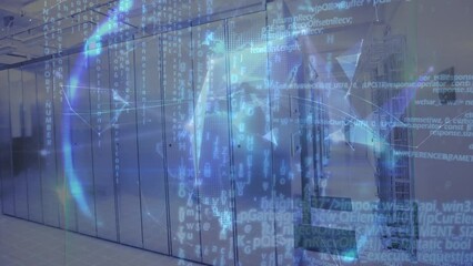 Animation of data processing and globe of plexus networks spinning against computer server room - Powered by Adobe