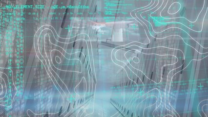 Animation of screens with data processing and topography against computer server room - Powered by Adobe