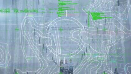 Animation of data processing and scope scanning over topography against computer server room - Powered by Adobe