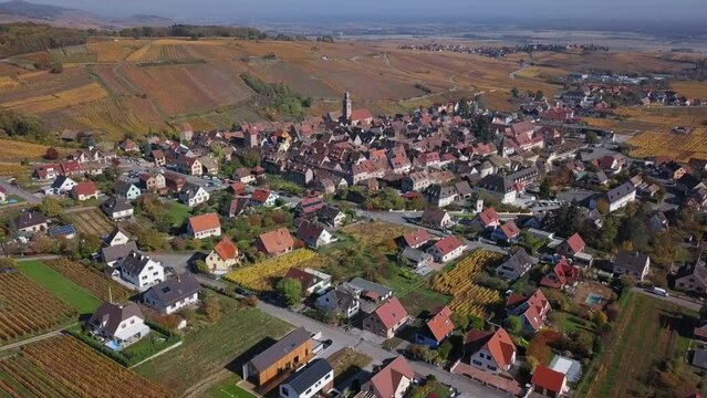 Flight over Riquewihr vineyards, France