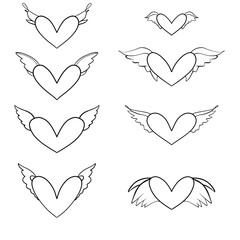 Hand drawn winged hearts. Heart doodle set.