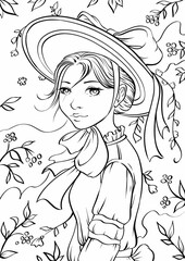 Young beautiful girl with long hair. Outline hand drawing coloring page for adult coloring book. Stock line vector illustration. Outline drawing.