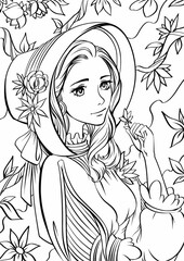 Young beautiful girl with long hair. Outline hand drawing coloring page for adult coloring book. Stock line vector illustration. Outline drawing.