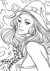 Young beautiful girl with long hair. Outline hand drawing coloring page for adult coloring book. Stock line vector illustration. Outline drawing.
