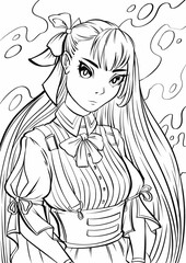 Young beautiful girl with long hair. Outline hand drawing coloring page for adult coloring book. Stock line vector illustration. Outline drawing.
