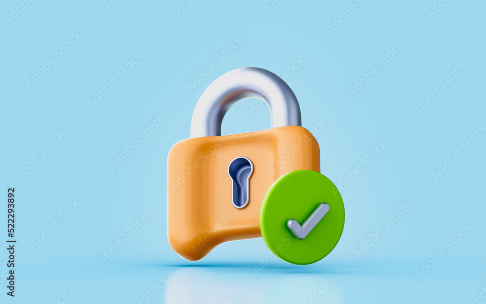 Poster lock checkmark sign 3d render concept for security protection safe confirmation approve