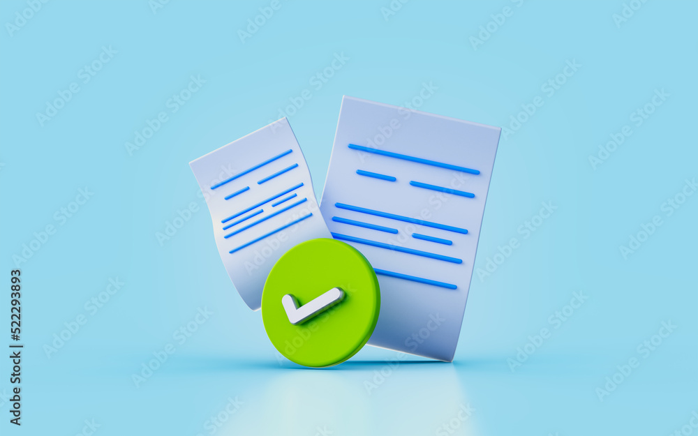 Poster document checkmark sign 3d render concept for official important papers submit approved