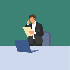 Simple Vector illustration drawing of young marketing manager reading sales report from sales division during receiving a phone call. Company report concept. Modern design vector illustration