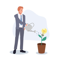 Businessman watering seedling plant with lightbulb idea flower.Grow new idea concept. plant innovative creativity . vector illustration