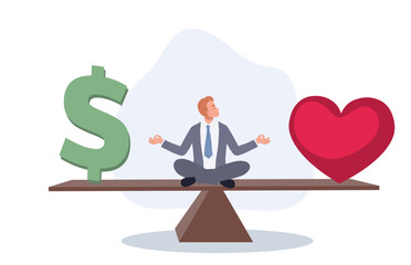 businessman meditate on seesaw balance with money and heart symbol. Work life balance concept. Vector illustration.