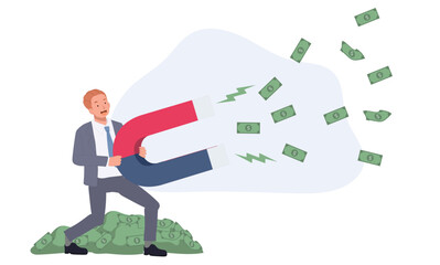 Printbusinessman hold high power magnet to draw money banknotes. Money magnet. earn more profit concept. Vector illustration.