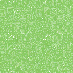Hand drawn doodle seamless pattern with school icons on green background. Vector illustration of supplies, back to school concept for print, web and textile design, stationery