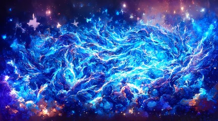 Fototapeta na wymiar Shiny blue background with star colors raining down 
