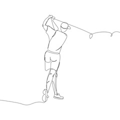 Golf player with club and ball one line art. Continuous line drawing hitting the ball with a club, game, golf, player, relaxation, competition, club, hole, status, sport.