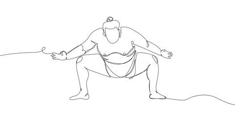 Sumo wrestler pre-fight greeting one line art. Continuous line drawing japanese, fight, obesity, man, person, athlete, sport.