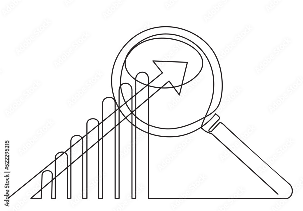 Aufkleber continuous one line drawing of increasing up arrows bar graph and magnifying glass. search. hand dra