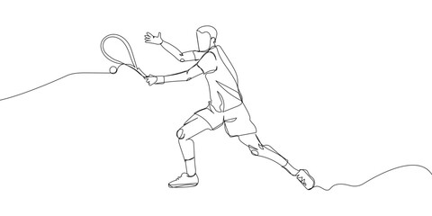 Tennis player with racket, racquet one line art. Continuous line drawing hit the ball, competition, sport, male athlete, leisure, hobby, championship, tournament.