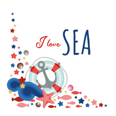 Nautical design with copy space. Marine objects - life belt, sea waves, star fish. I love sea letters. Nautical vibe vector illustration flat cartoon drawing.