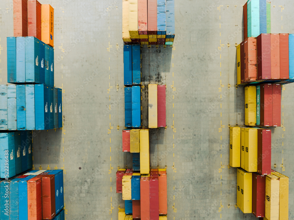 Poster aerial view of shipping containers. cargo container in factory harbor. import-export.