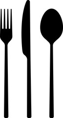 Fork, spoon, knife icon. Cutlery set. Modern silverware or tableware black silhouette. Vector illustration. 