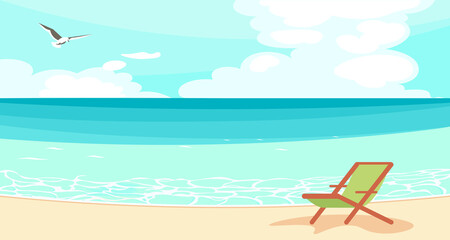 Fototapeta na wymiar Horizontal banner of abstract seascape with sun lounger and seagull