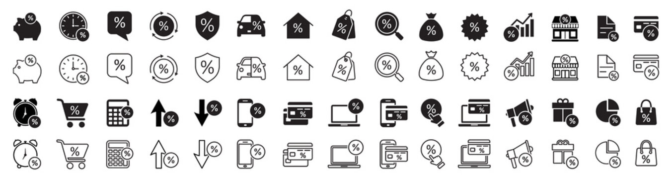 Set of loan icons. Interest rate icon, percentage diagram. Piggy bank, business income, loan, financial growth chart, investment profit. Vector illustration.
