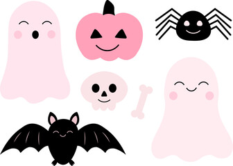 Set cute pink ghost pumpkin bat spider Halloween vector illustration