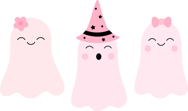 Set cute pink ghosts Halloween vector illustration