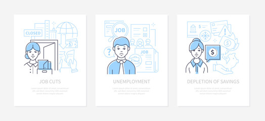 Job cuts and unemployment - line design style banners set