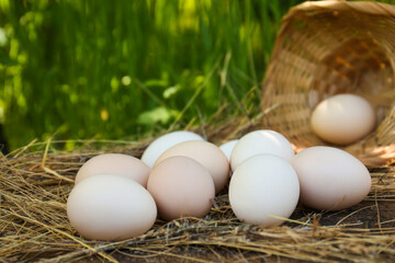 Fresh raw eggs and straw on wooden surface outdoors, closeup