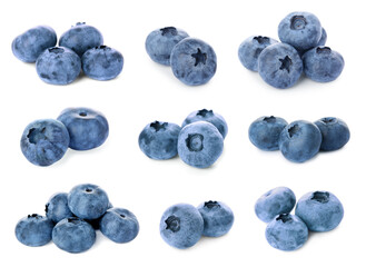 Set with tasty fresh ripe blueberries on white background