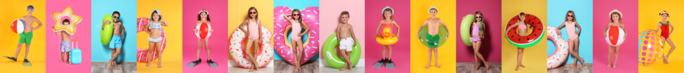 Collage with beautiful photos themed to summer party and vacation. Cute children wearing swimsuits...