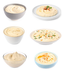 Set with tasty hummus on white background