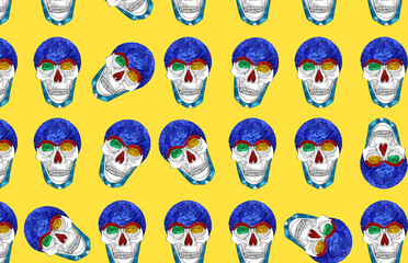 human skulls on a yellow background, parts of the skull made of colorful water, skulls rotated differently, creative art design
