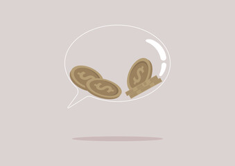Money talks, a cartoon speech bubble filled with metal dollar coins
