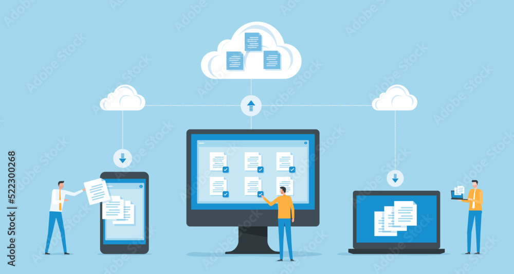 Poster flat vector business technology document management system storage backup concept and cloud server service with administrator and developer team working concept
