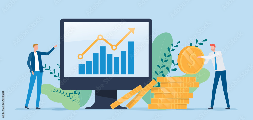 Poster flat vector business finance investment concept with investor team working on graph monitor