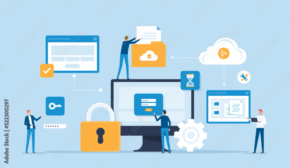 Aufkleber flat vector business technology document management system storage backup concept and cloud server service with administrator and developer team working concept
